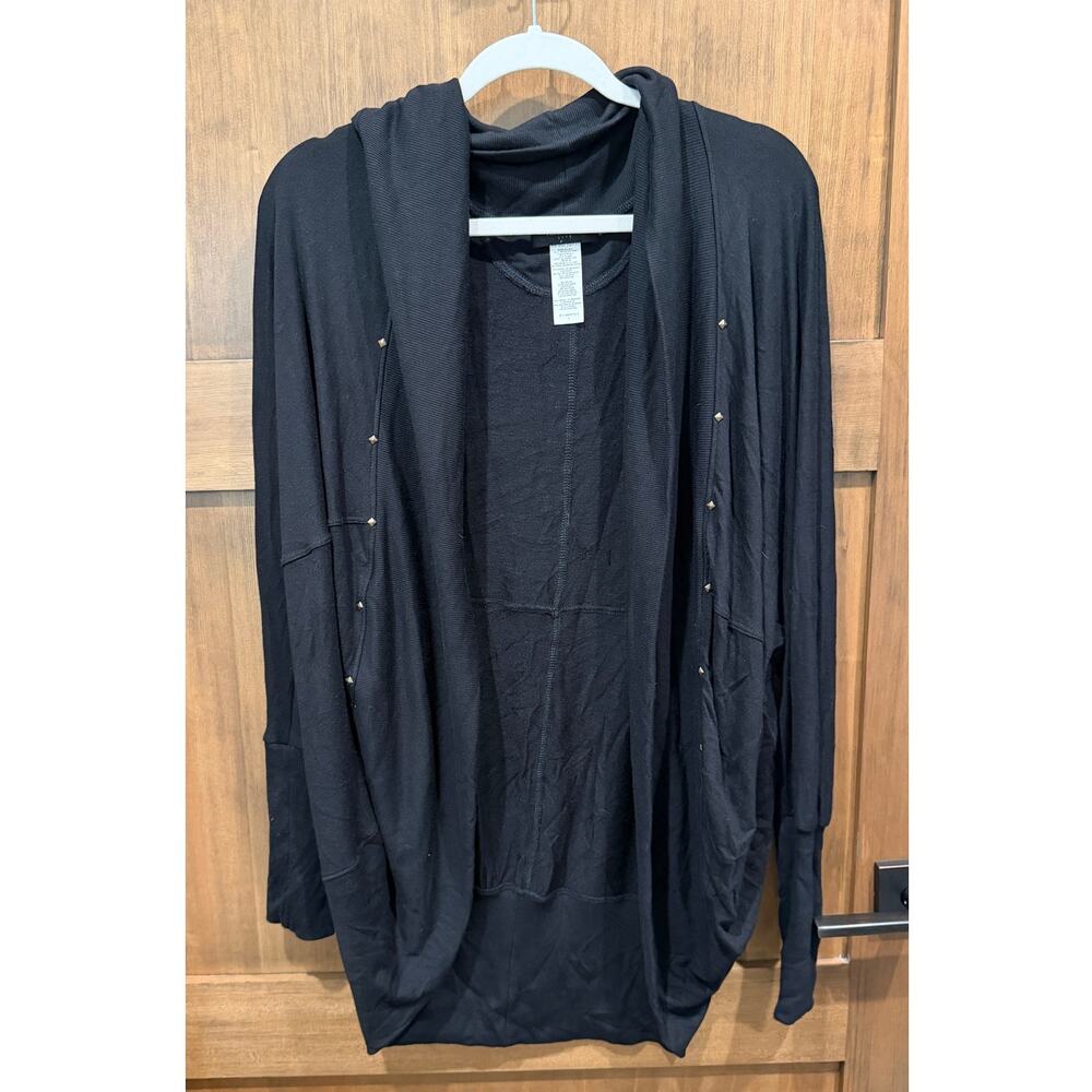 Karen Kane Studded Drape Cardigan Jacket Large Black Open Front Hooded Women